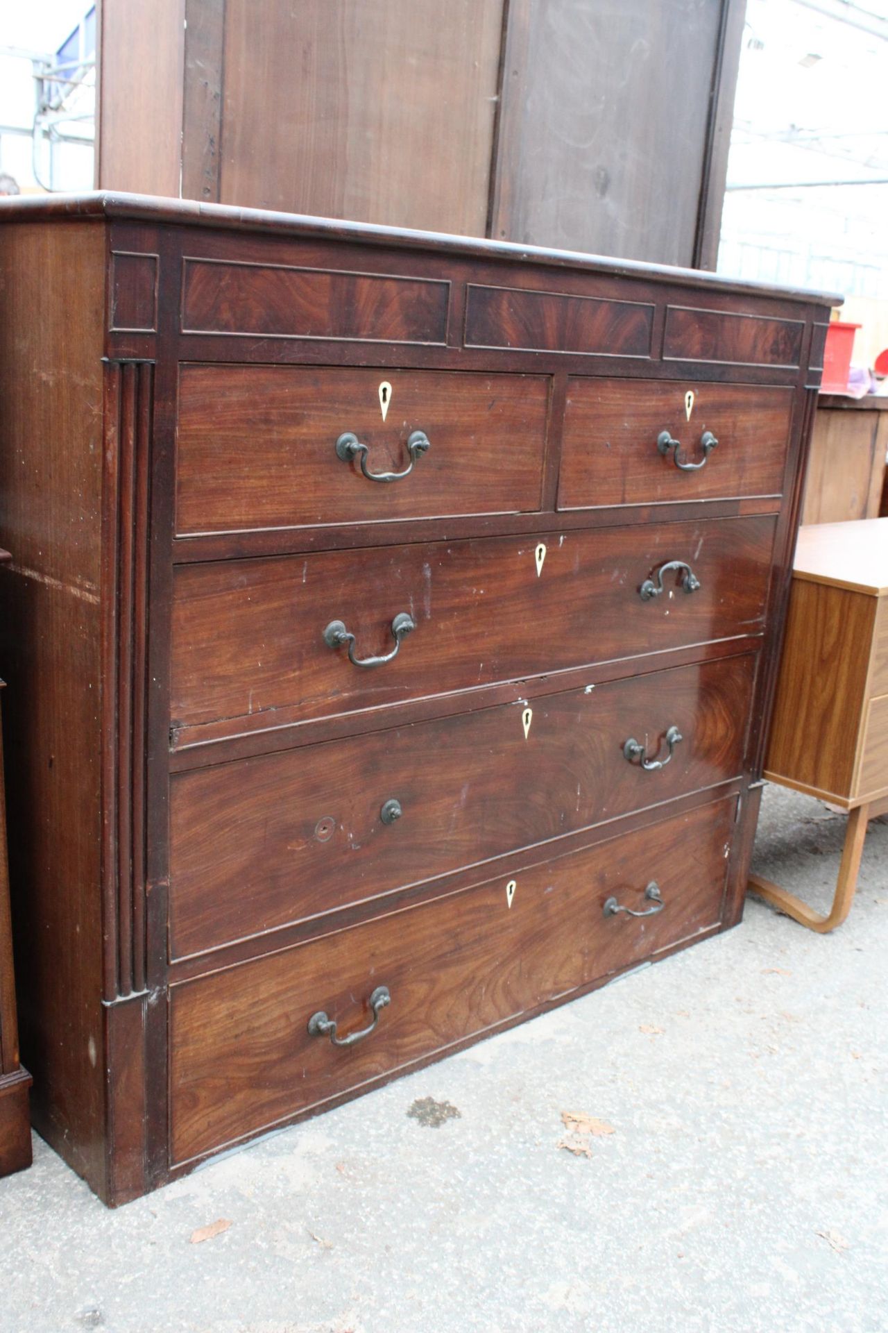 A 19TH CENTURY MAHOGANY CHEST OF TWO SHORT AND THREE LONG DRAWERS WITH SECRET FRIEZE DRAWER 52" WIDE - Image 2 of 5