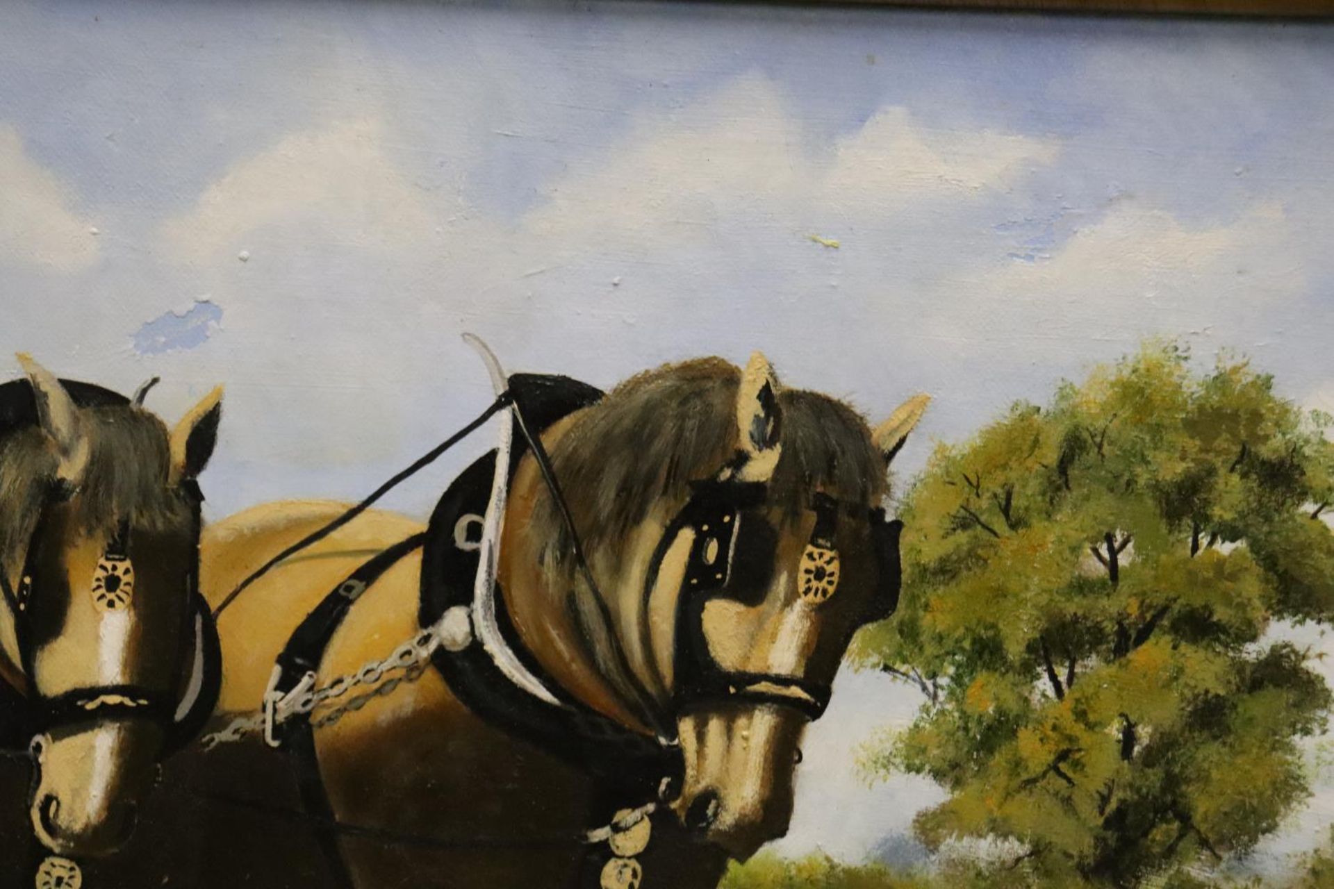 AN ANTHONY CLARKE SIGNED OIL ON CANVAS OF SHIRE HORSES PLOUGHING A FIELD, 75CM X 45CM - Bild 2 aus 3