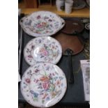 TWO COPPER PAN LIDS AND THREE VICTORIAN INDIAN TREE PLATES