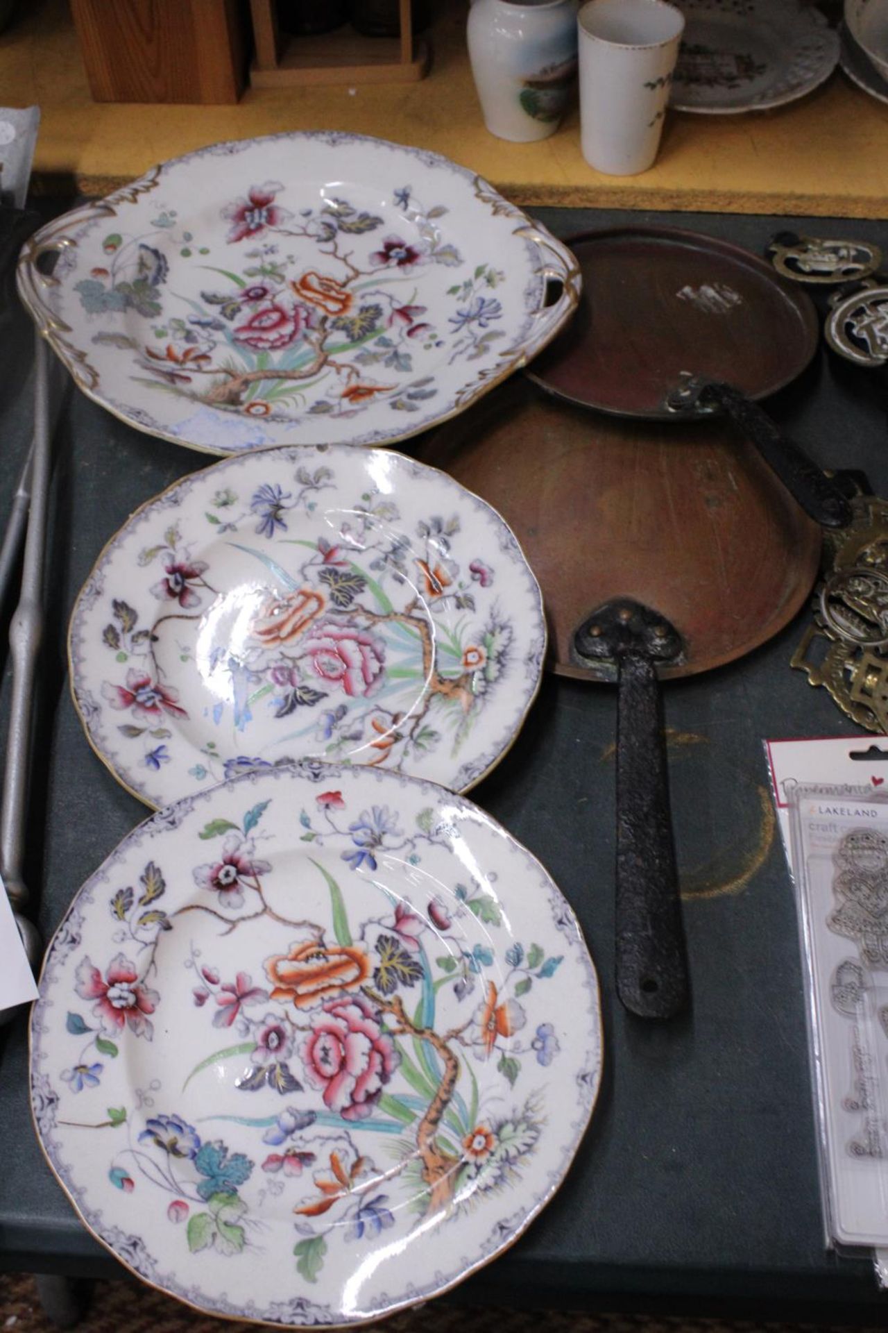 TWO COPPER PAN LIDS AND THREE VICTORIAN INDIAN TREE PLATES