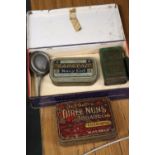 A SELECTION OF VINTAGE TINS PLUS AN OIL CAN