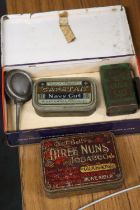 A SELECTION OF VINTAGE TINS PLUS AN OIL CAN