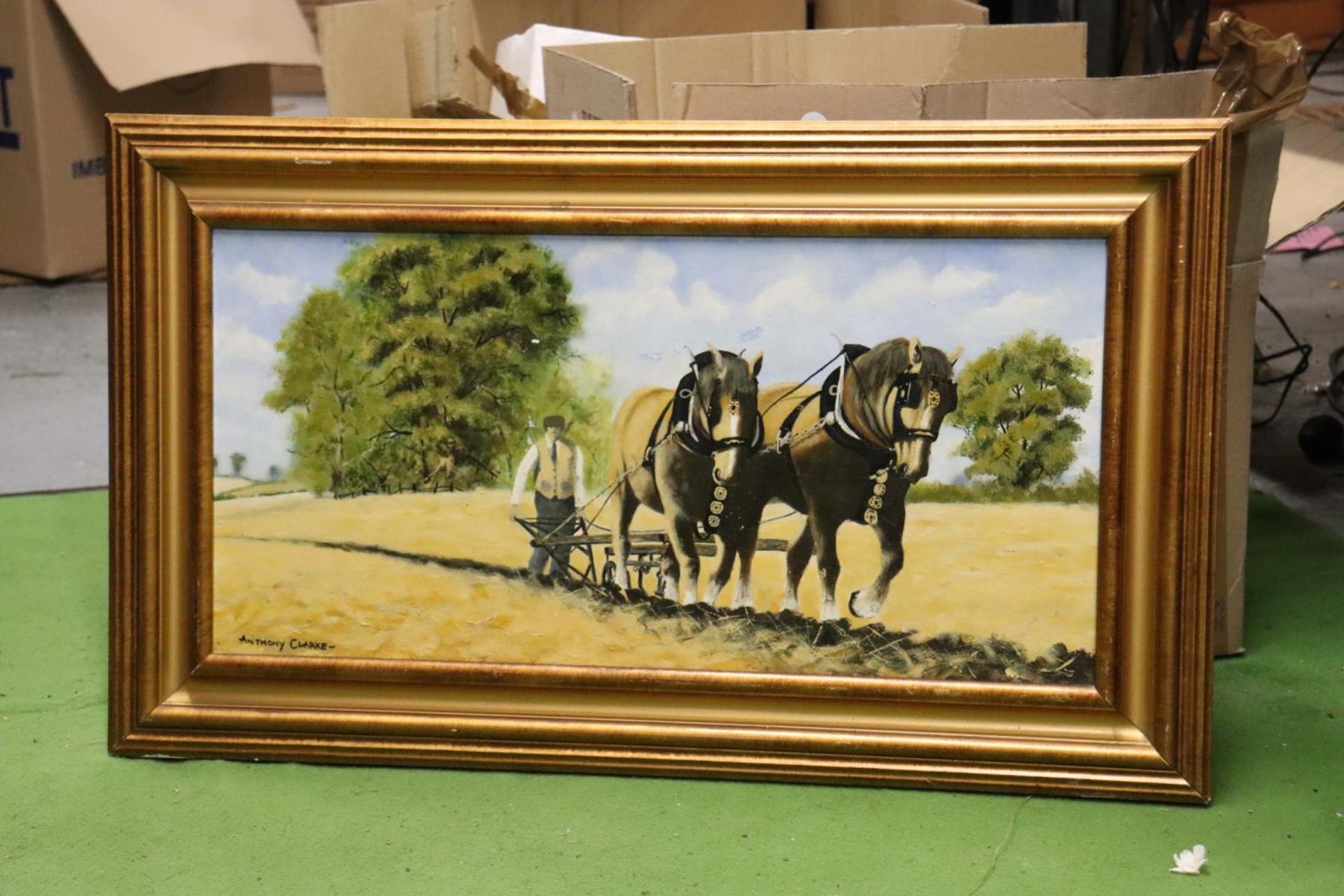 AN ANTHONY CLARKE SIGNED OIL ON CANVAS OF SHIRE HORSES PLOUGHING A FIELD, 75CM X 45CM