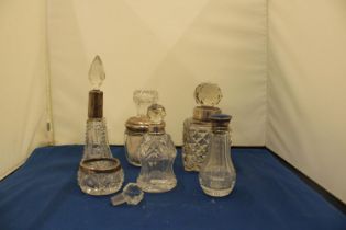 SIX PIECES OF GLASSWARE WITH MARKED SILVER COLLARS, LIDS, RIMS TO INCLUDE A BLUE ENAMEL