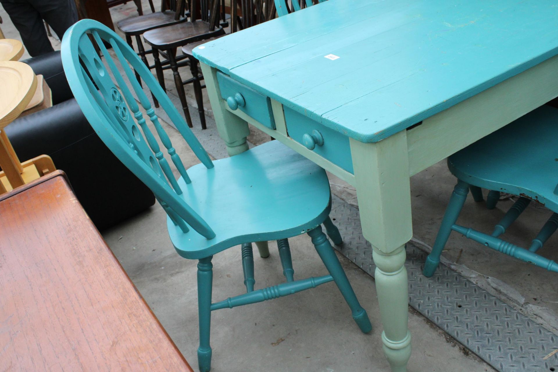 A VICTORIAN PAINTED KITCHEN TABLE ON TURNED LEGS WITH TWO DRAWERS, 41" X 31" WITH THREE PAINTED - Bild 2 aus 2