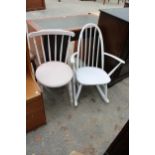 A PAINTED VICTORIAN KITCHEN CHAIR AND A PAINTED ERCOL STYLE ROCKING CHAIR