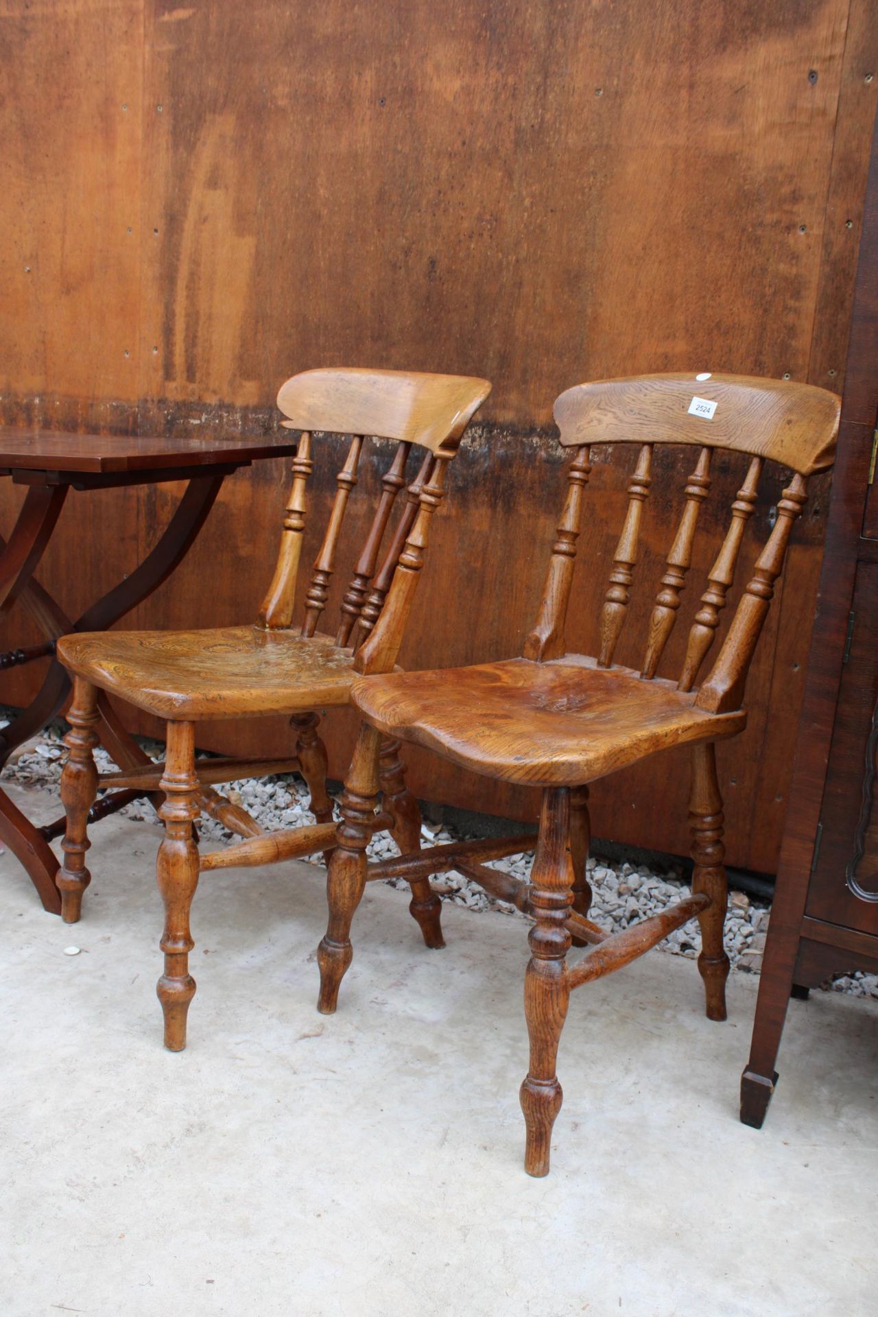 TWO VICTORIAN ELM KITCHEN CHAIRS WITH TURNED LEGS AND UPRIGHTS - Image 3 of 3