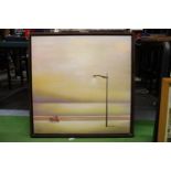AN IMAGE ON CANVAS OF A MOPED AND A STREET LIGHT, 75CM X 75CM