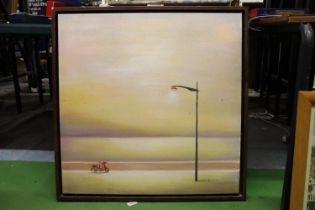 AN IMAGE ON CANVAS OF A MOPED AND A STREET LIGHT, 75CM X 75CM