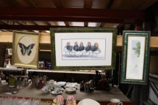 A TAXIDERMY BUTTERFLY AND TWO SIGNED PRINTS TO INCLUDE 'THE BULLY BOYS'