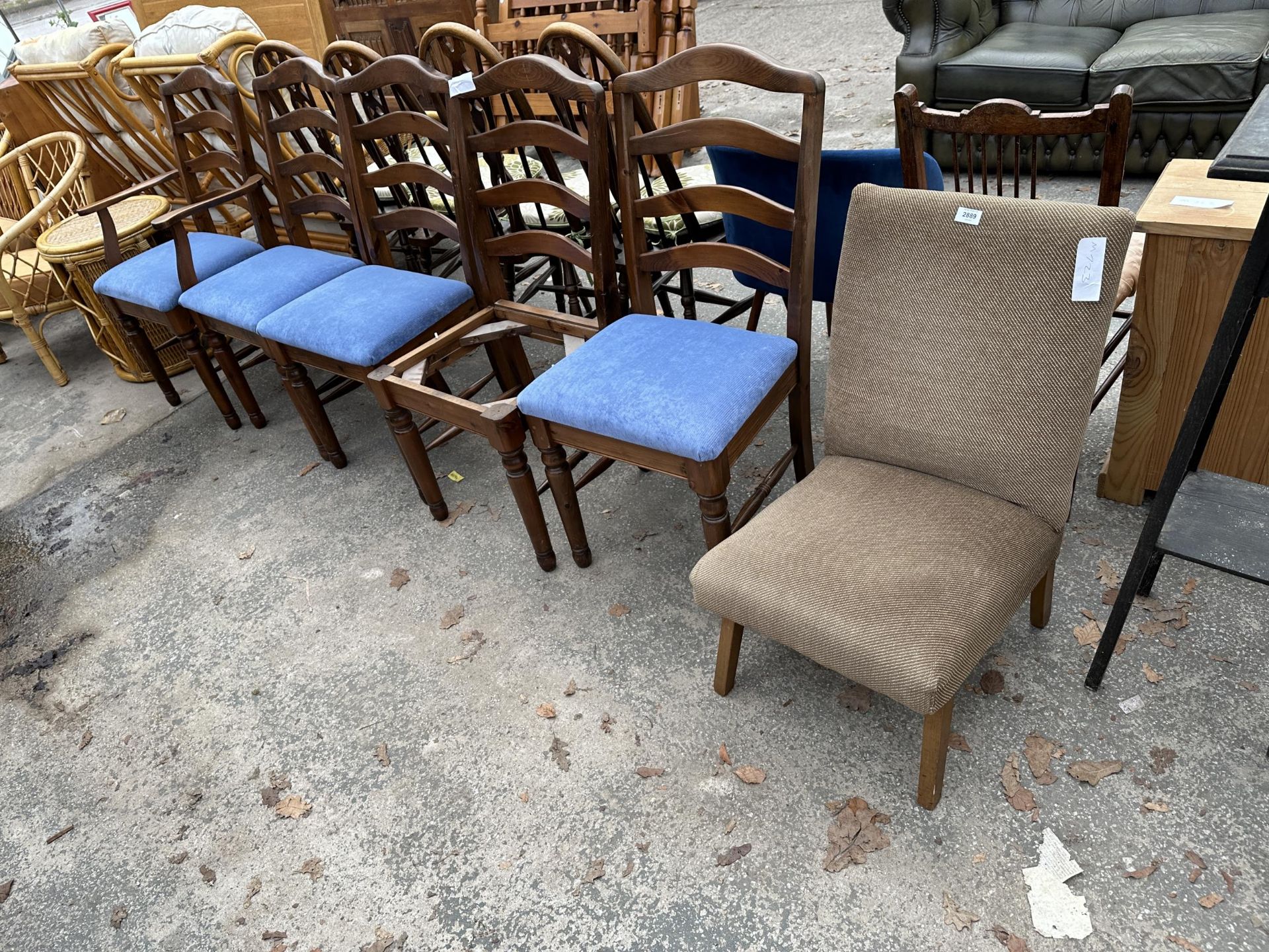 FIVE MODERN LADDER-BACK DINING CHAIRS, ONE BEING A CARVER AND BEDROOM CHAIR