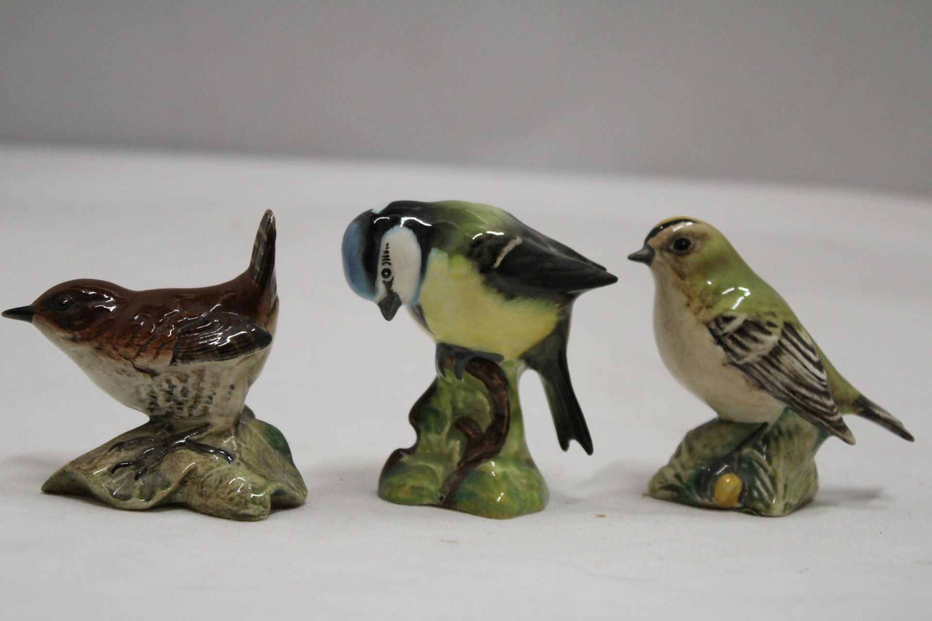 THREE BESWICK BIRDS TO INCLUDE A BLUE TIT, WREN AND GOLD CREST - Image 6 of 7