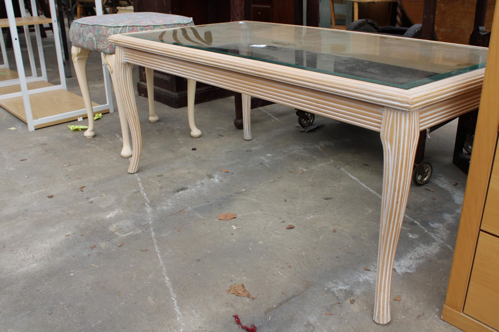 A LIMED COFFEE TABLE WITH GLASS TOP AND A STOOL ON CABRIOLE LEGS - Image 2 of 3