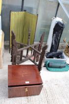 A TWO SECTION VINTAGE SCREEN, A WOODEN BOX AND A CARVED HARDWOOD TABLE BASE