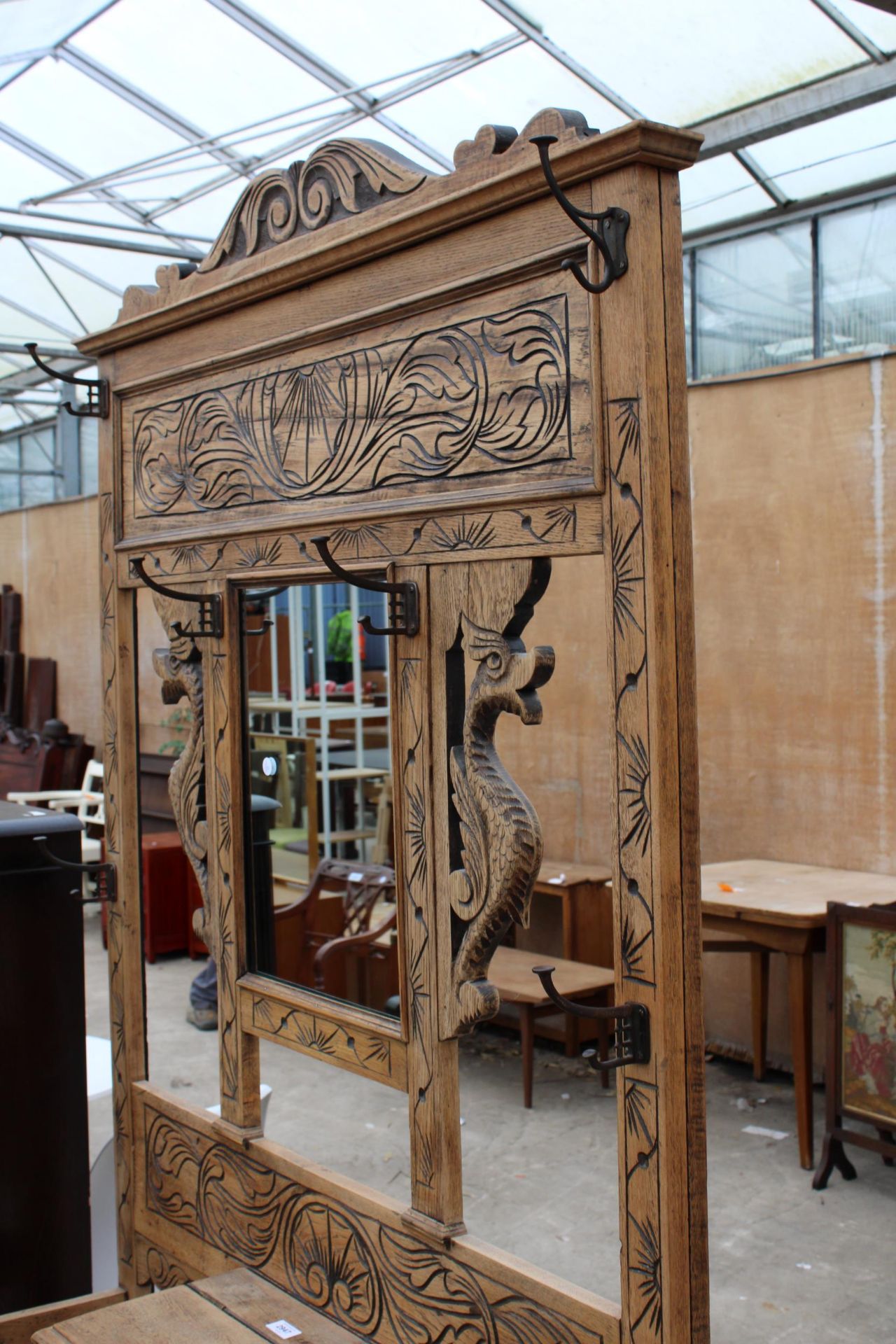 A LATE VICTORIAN CARED OAK MIRRORED HALL COAT/STICK STAND - Image 2 of 5
