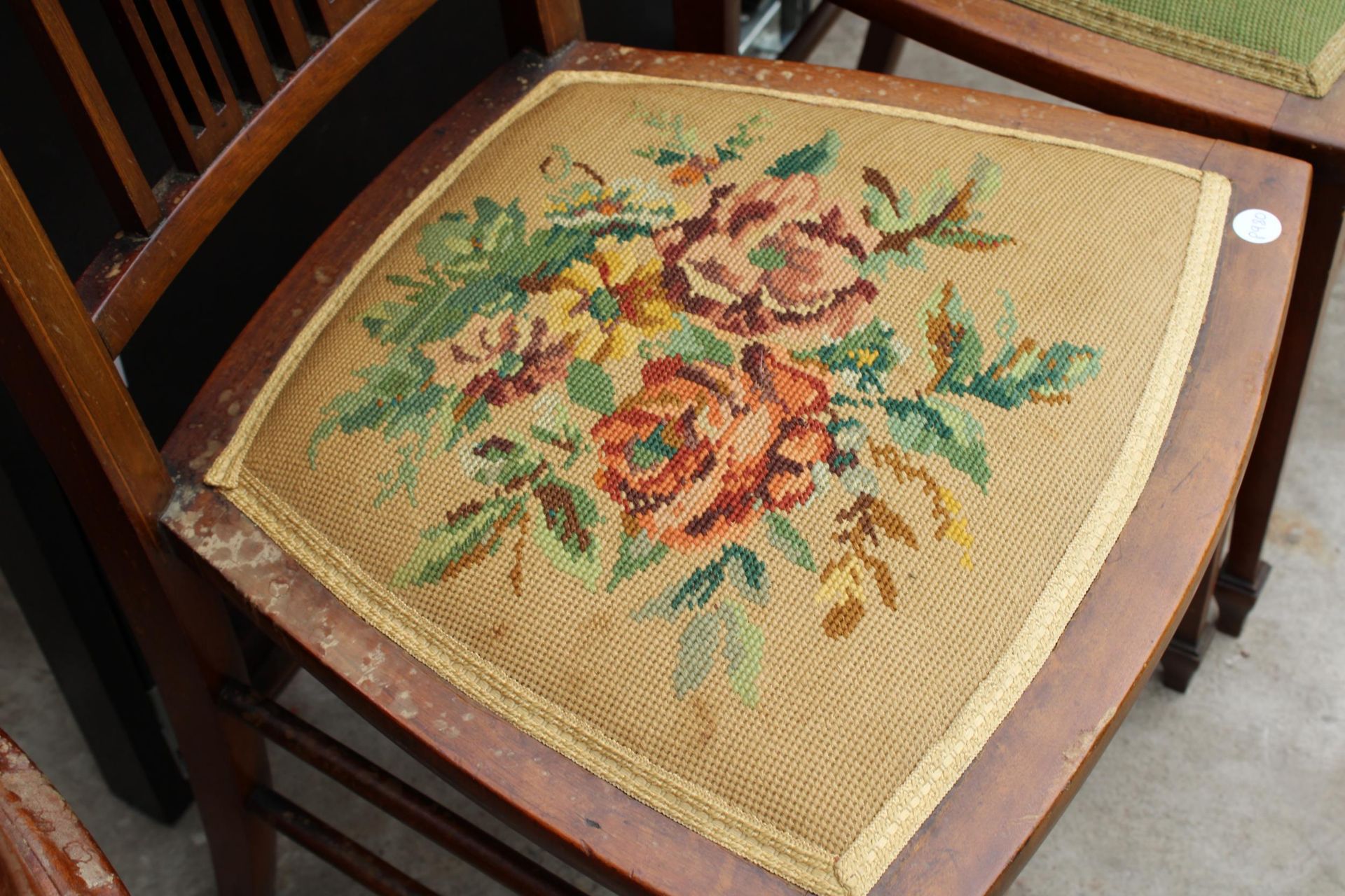 A PAIR OF EDWARDIAN MAHOGANY AND INLAID BEDROOM CHAIRS WITH WOOLWORK SEATS - Image 2 of 4