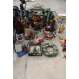 AN ASSORTMENT OF CHRISTMAS ITEMS TO INCLUDE A NATIVITY FIRE SCREEN, SANTA FIGURES AND ORNAMENTS ETC