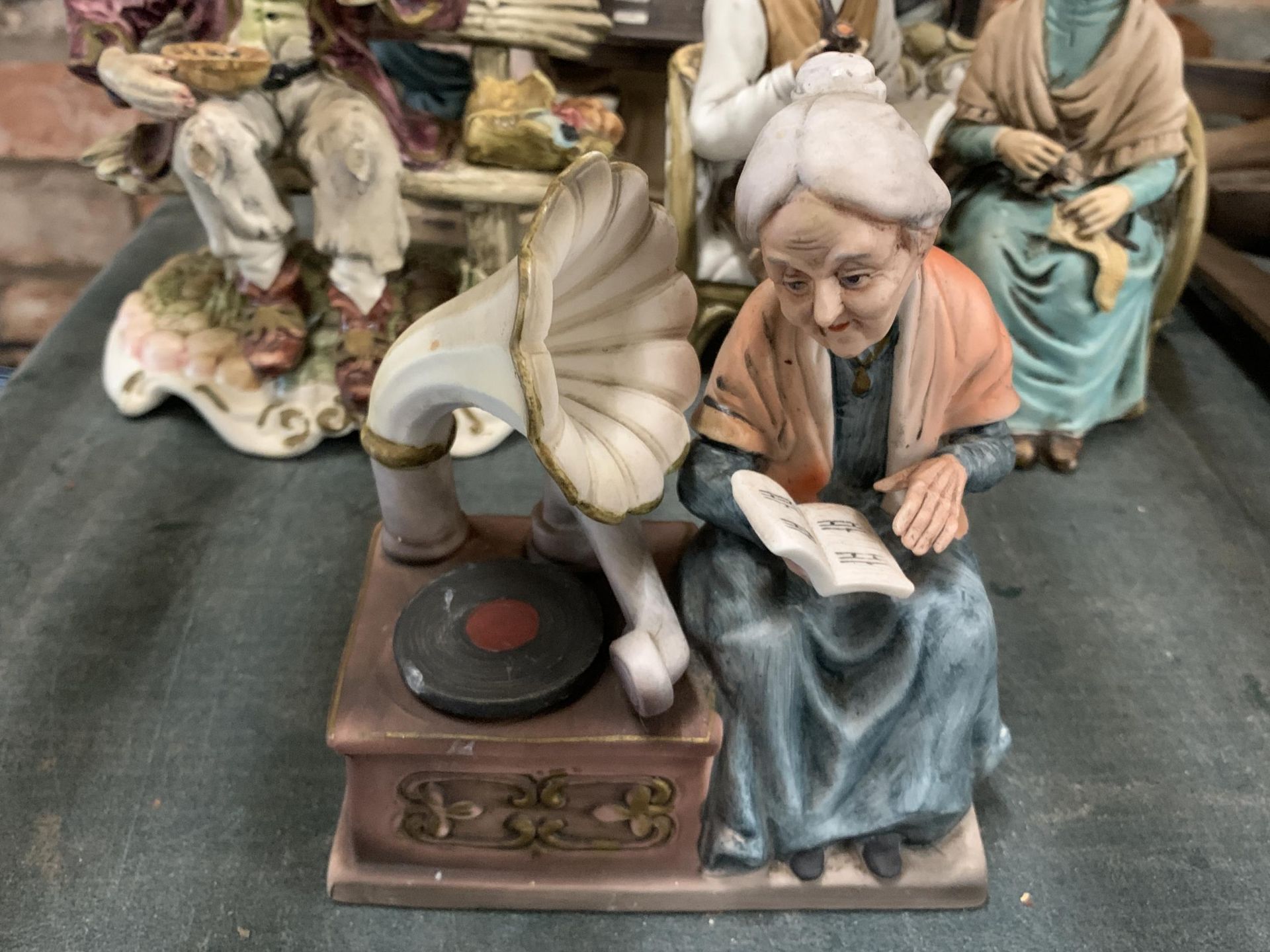 SIX CHALKWARE FIGURINES FEATURING A COUPLE PLAYING CARD GAMES, LADY WITH DONKEY AND CART ETC - Image 2 of 4