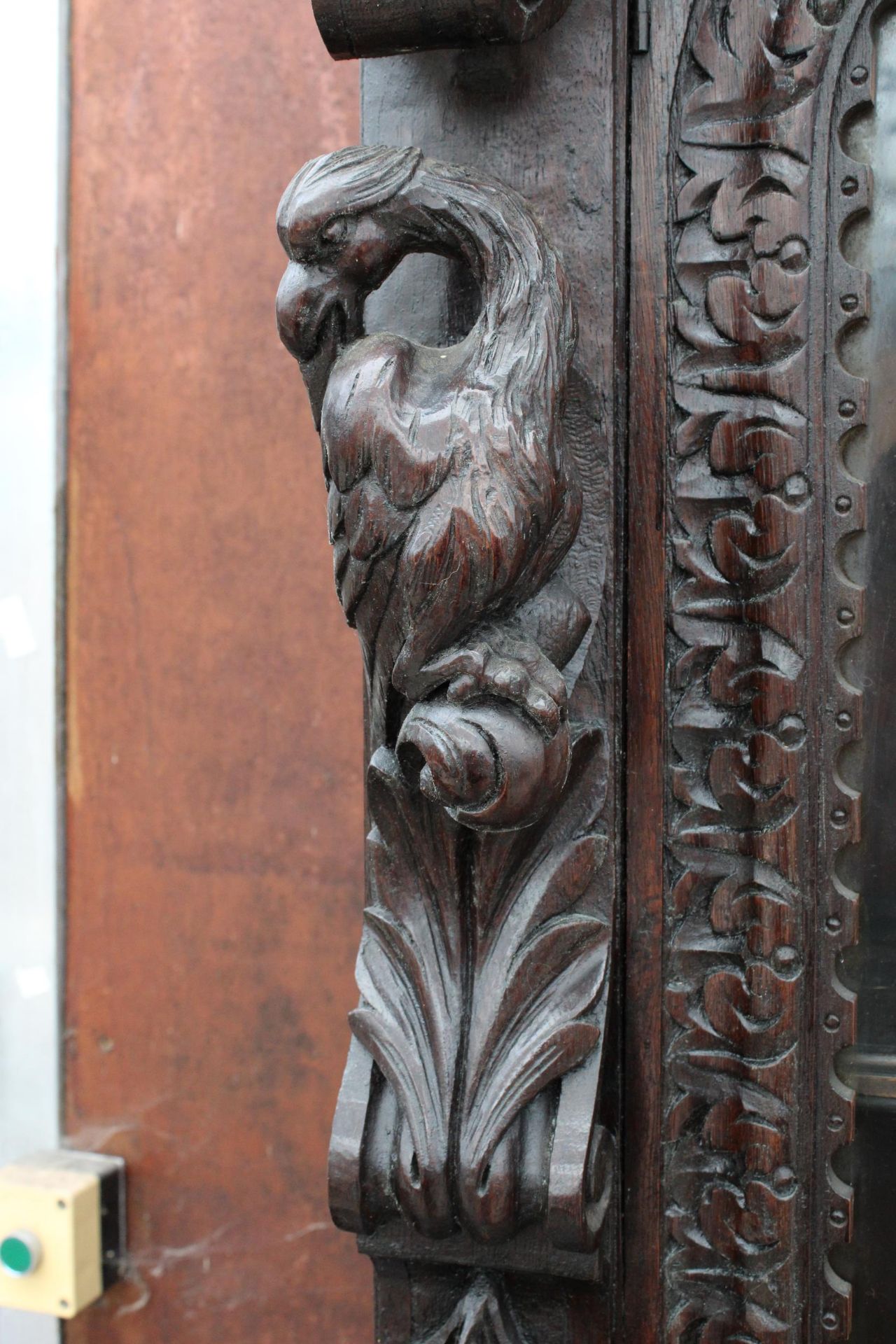 A VICTORIAN OAK BLACK FOREST STYLE SIDEBOARD WITH ASSOCIATED 2 DOOR GLAZED BOOKCASE, ALL HEAVILY - Image 9 of 12