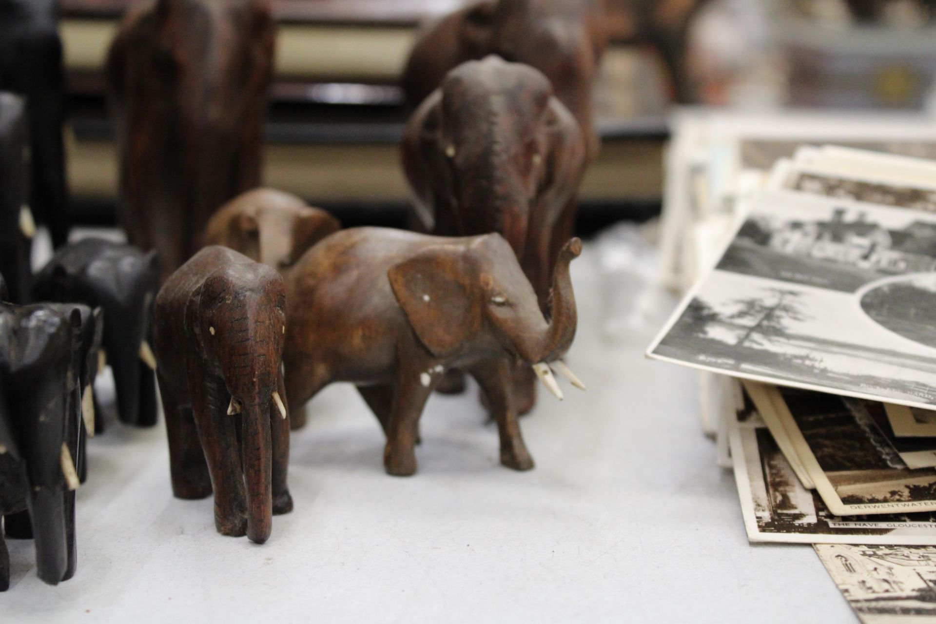 A LARGE COLLECTION OF VARIOUS SIZES OF WOODEN ASIAN ELEPHANTS - Image 3 of 6