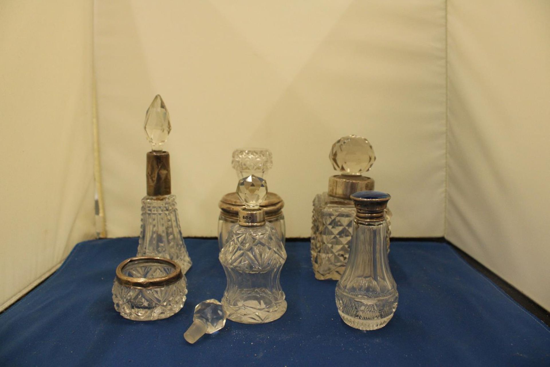 SIX PIECES OF GLASSWARE WITH MARKED SILVER COLLARS, LIDS, RIMS TO INCLUDE A BLUE ENAMEL - Image 2 of 5