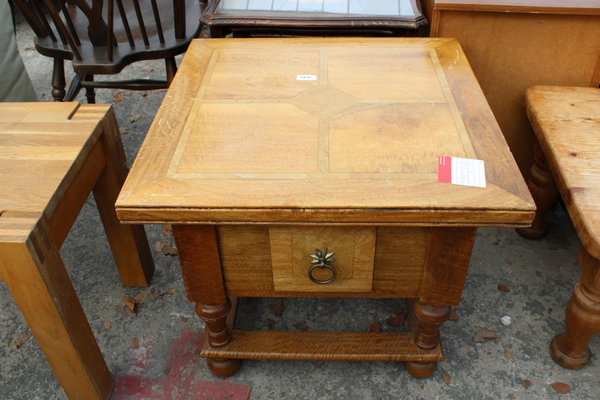 A MODERN HARDWOOD COFFEE TABLE WITH POLISHED STONE INLAY, WITH SINGLE DRAWER, 24" SQUARE