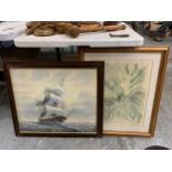 A SIGNED OIL ON CANVAS OF A SAILING SHIP PLUS A FLORAL PRINT