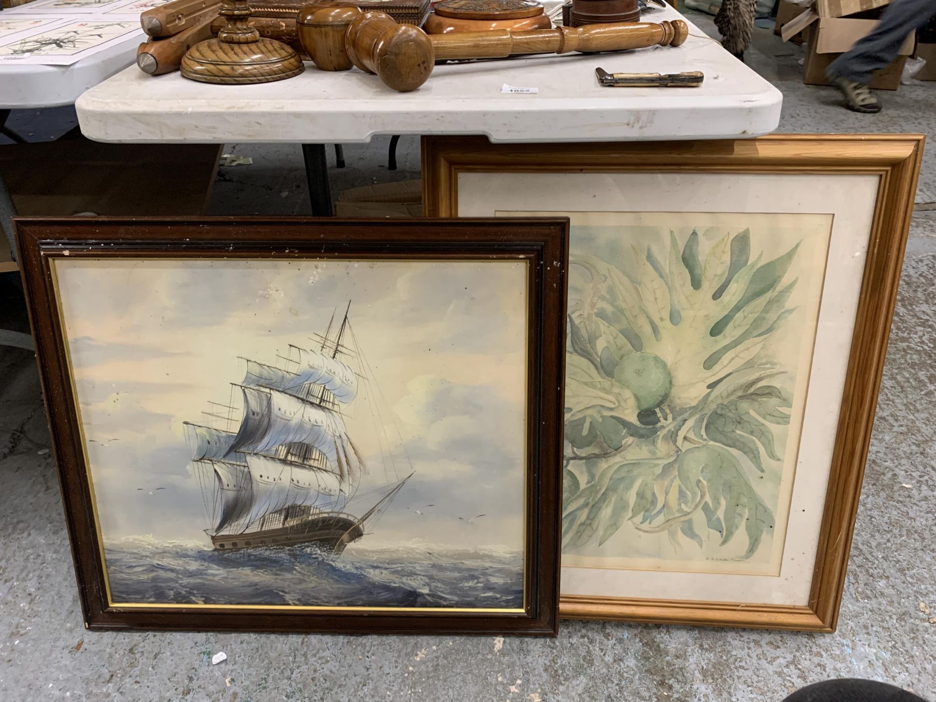 A SIGNED OIL ON CANVAS OF A SAILING SHIP PLUS A FLORAL PRINT