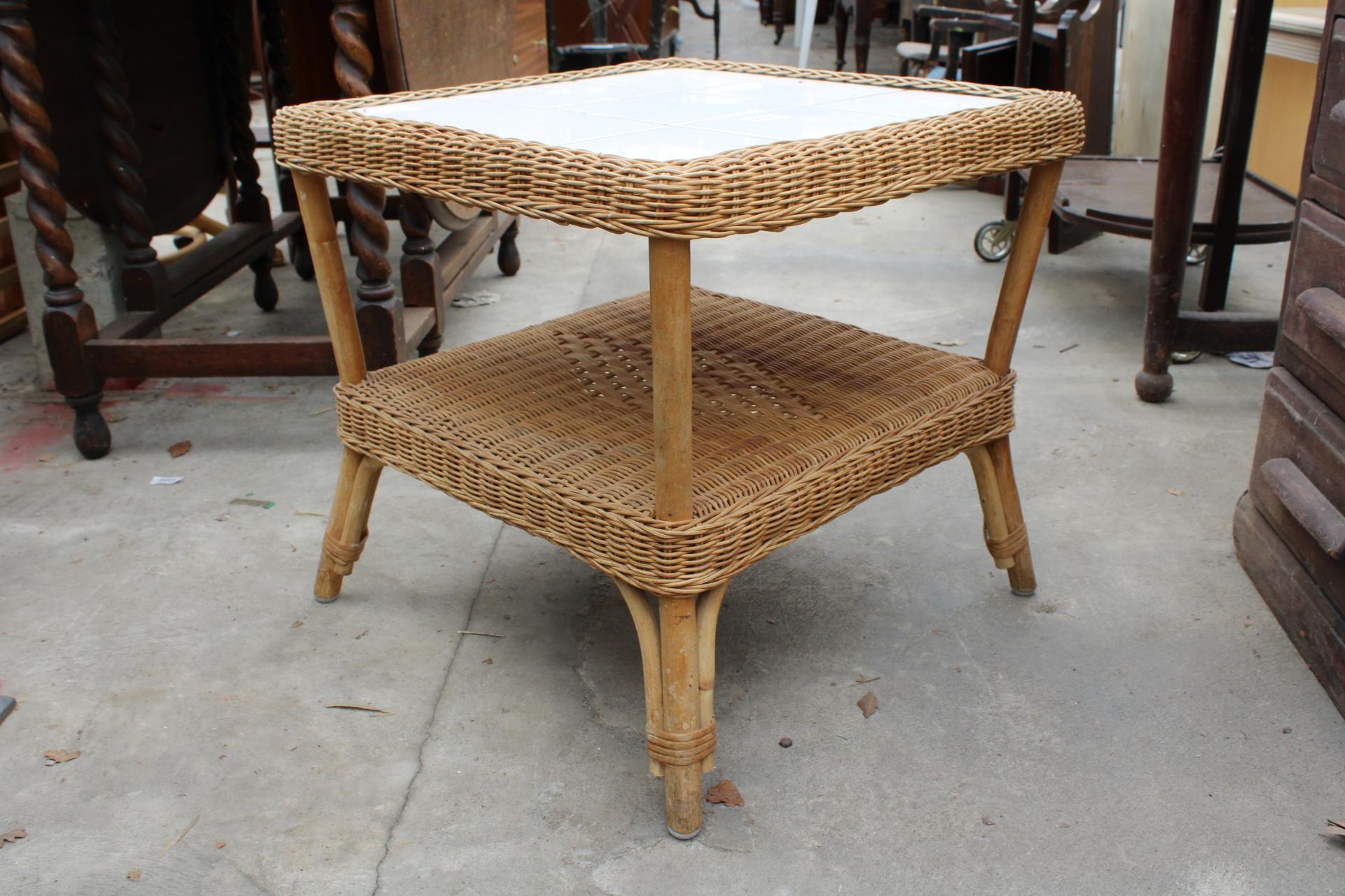 A TWO TIER WICKER LAMP TABLE WITH TILED TOP AND A GLASS FRONTED TWO DOOR BOOKCASE - Image 5 of 6