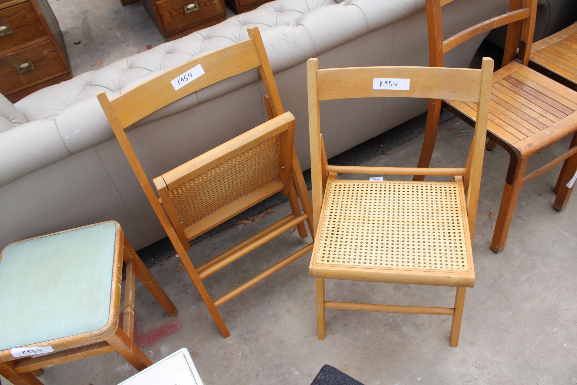 TWO FOLDING CHAIRS, TWO 1950'S KITCHEN STOOLS, LYNX STOOL AND TWO OTHERS - Image 4 of 4