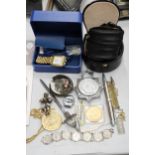 A MIXED LOT TO INCLUDE A BOXED ROTARY WATCH, A BRACELET MADE FROM SIXPENCES, COSTUME JEWELLERY,