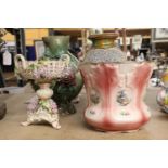 TWO LARGE VASES, A LARGE PLANTER AND A VINTAGE COMPORTWITH A MARK TO THE BASE