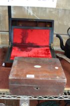 A WALNUT WRITING SLOPE WITH RED INTERIOR, AND A FURTHER VINTAGE WOODEN BOX