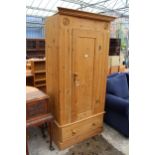 A MODERN PINE SINGLE DOOR WARDROBE WITH DRAWER TO BASE, 38" WIDE