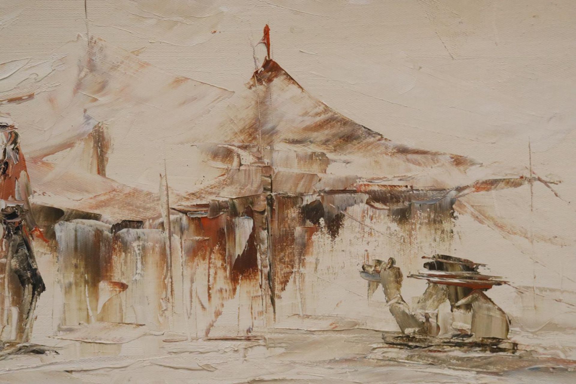AN OIL ON BOARD OF A DESERT SCENE WITH CAMELS, ARABS AND A TENT - Image 2 of 3
