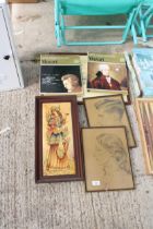 AN ASSORTMENT OF FRAMED PRINTS AND MOZART BOOKS ETC