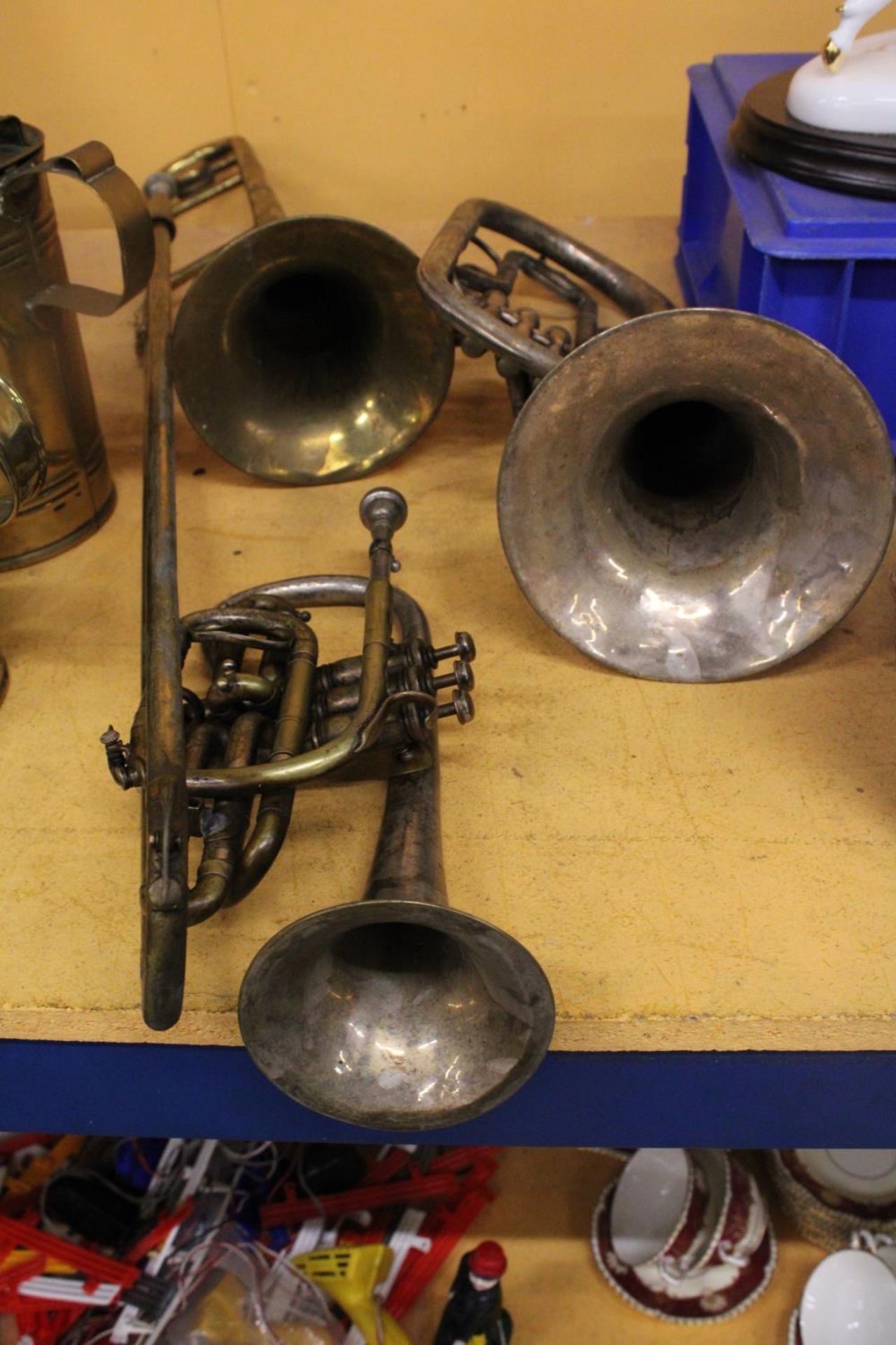 THREE VINTAGE MUSICAL INSTRUMENTS TO INCLUDE A CORNET, BARITONE TENOR HORN AND TROMBONE
