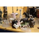 A MIXED LOT TO INCLUDE FIGURES, GLASSWARE, CANDLESTICK, VASE, ETC.,