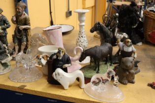 A MIXED LOT TO INCLUDE FIGURES, GLASSWARE, CANDLESTICK, VASE, ETC.,