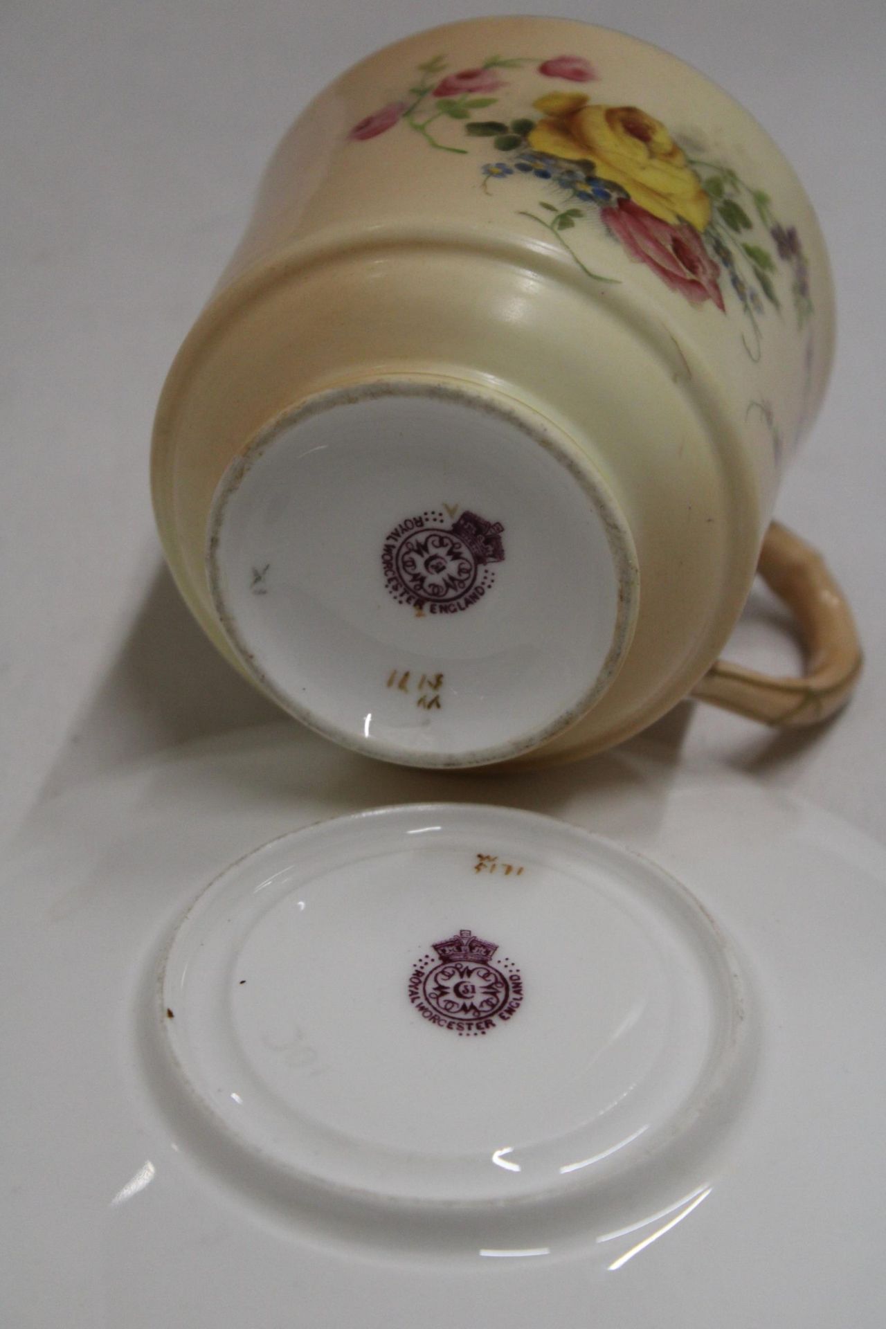 A ROYAL WORCESTER BLUSH IVORY MOUSTACHE CUP AND SAUCER - Image 6 of 6