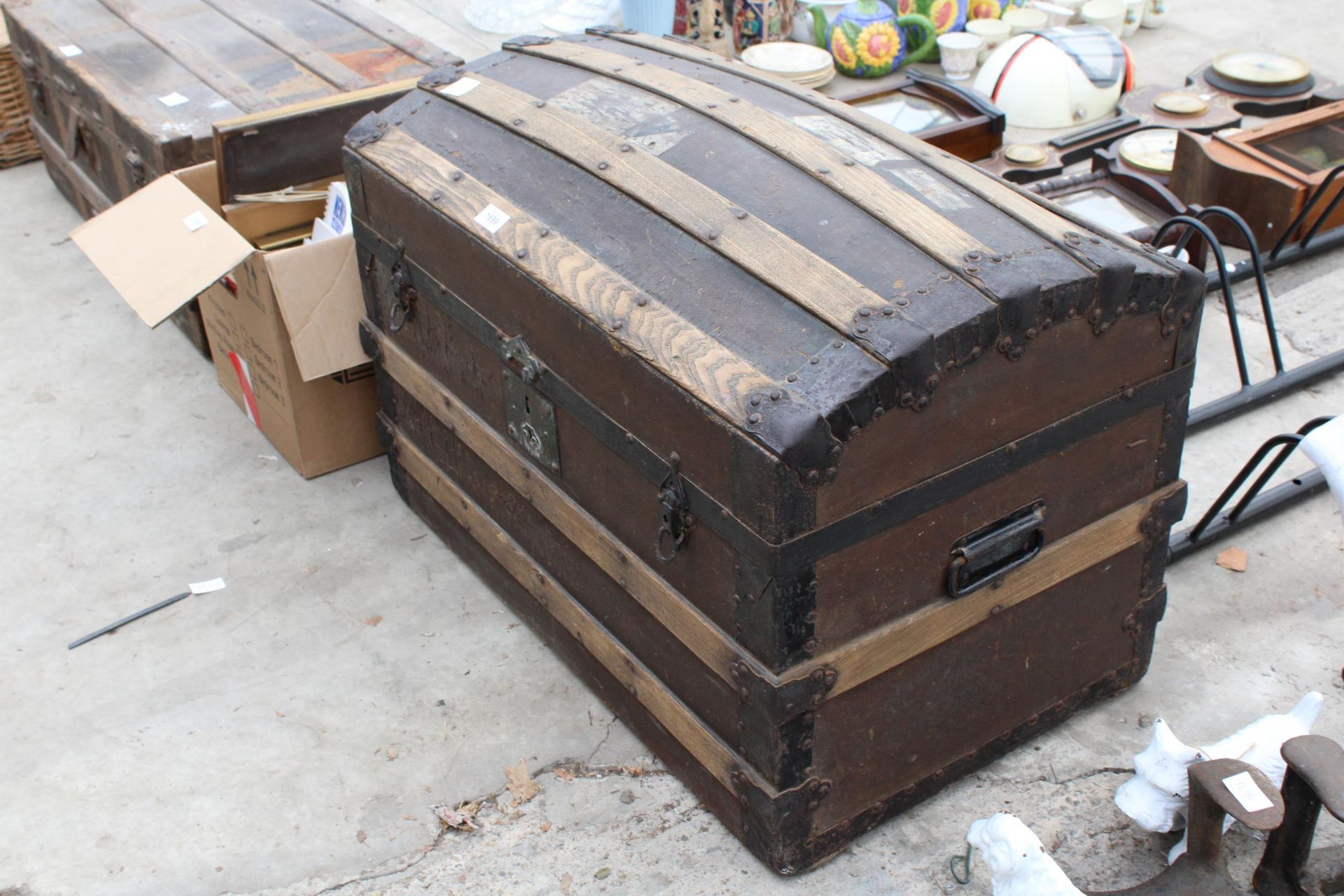 A VINTAGE WOODEN BANDED DOME TOPPED TRUNK - Image 2 of 3