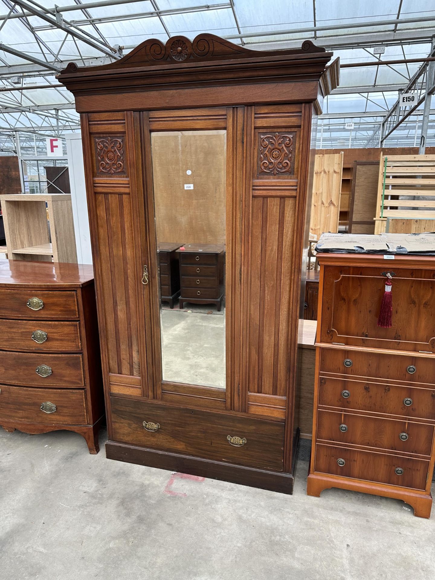 A LATE VICTORIAN MIRROR DOOR WARDROBE WITH DRAWER TO BASE, 46" WIDE