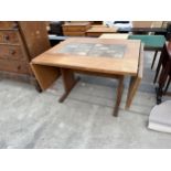 A RETRO TEAK GANSO MOBLER DROP-LEAF DINING TABLE WITH TILED TOP, 75" X 36" OPENED