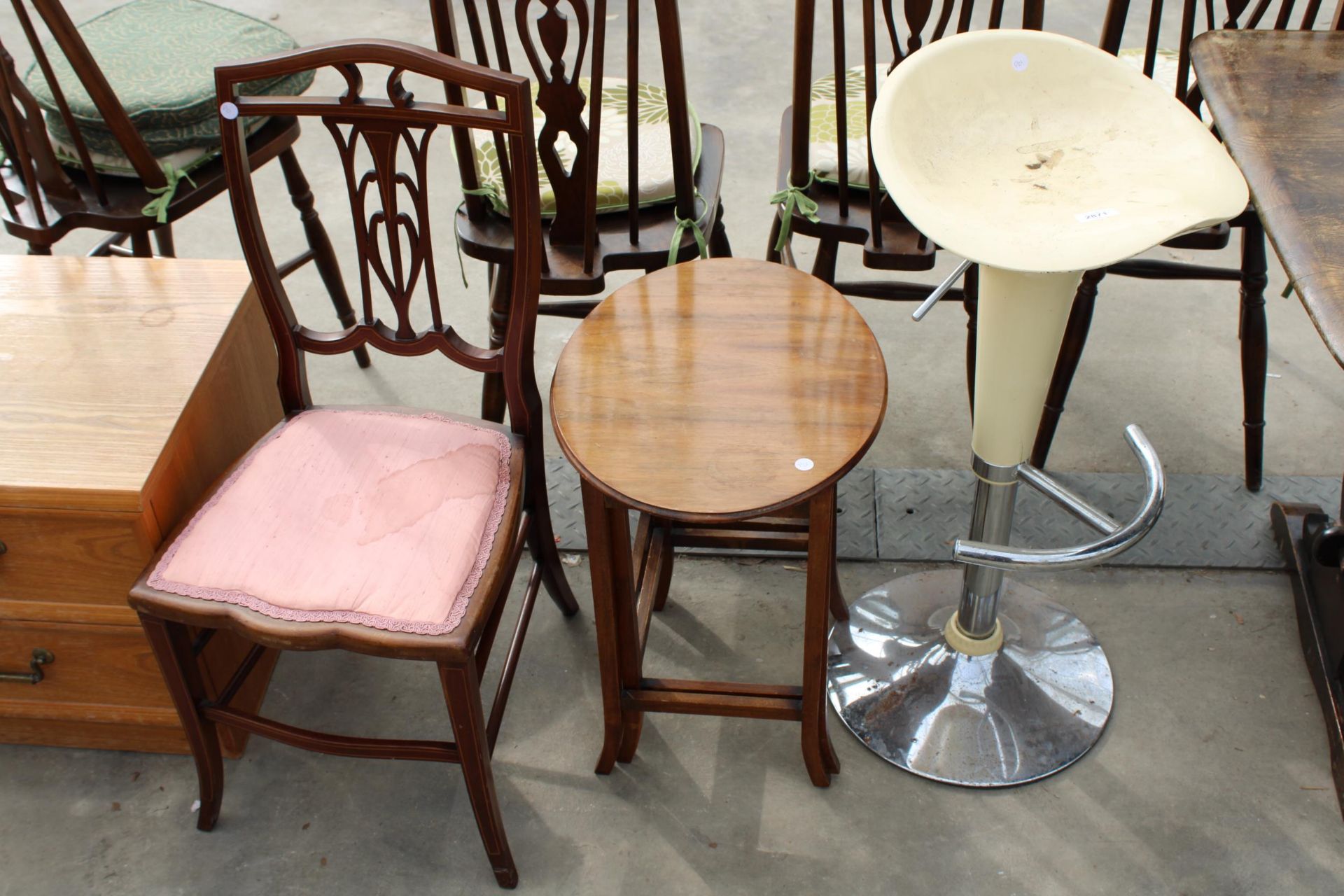 A KITCHEN PUMP STOOL, NEST OF TWO TABLES AND EDWARDIAN BEDROOM CHAIR