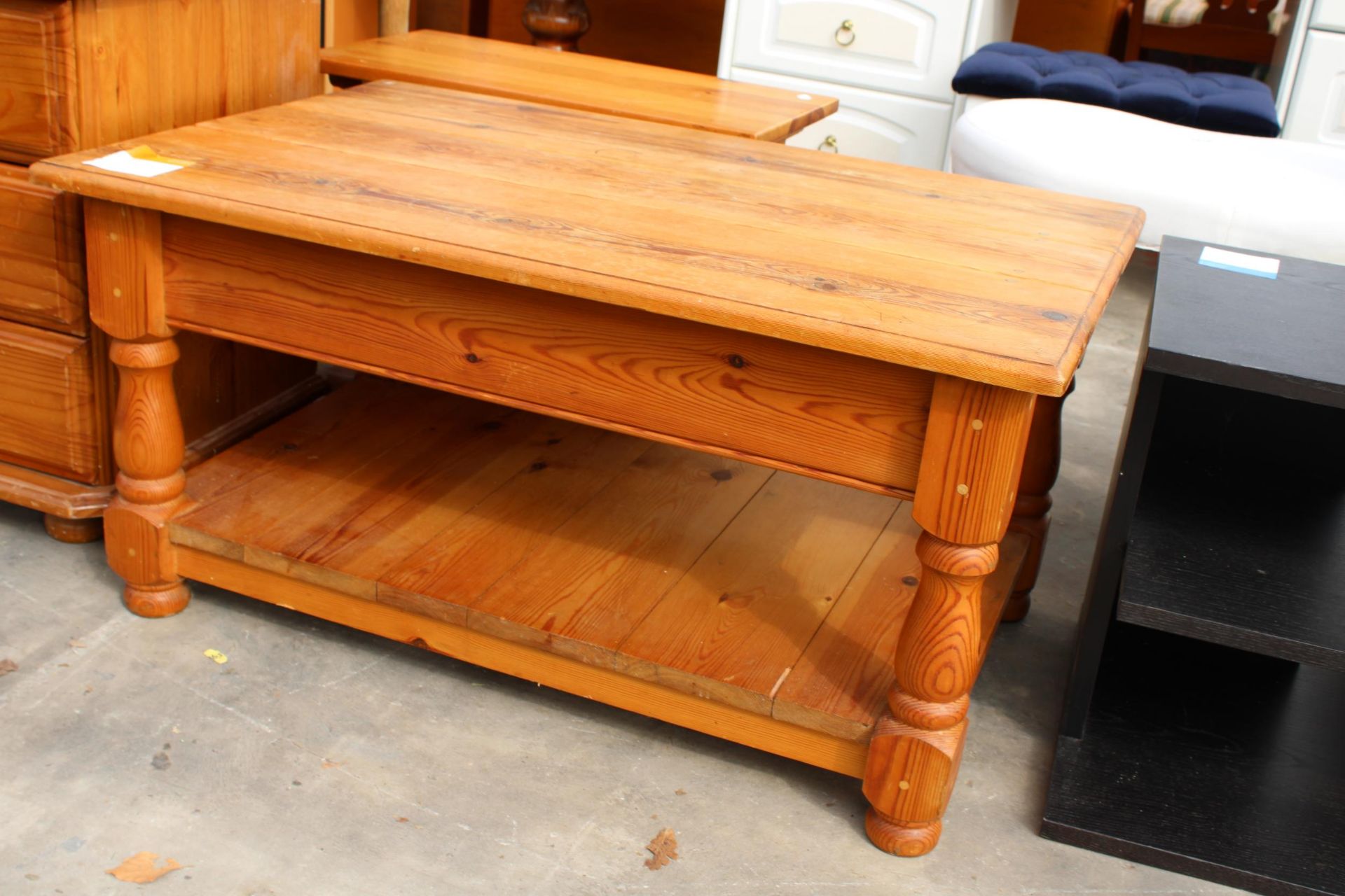 A MODERN PINE TWO TIER COFFEE TABLE AND BLACK ASH EFFECT THREE TIER TABLE - Image 3 of 3