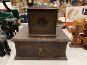 TWO VINTAGE WOODEN BOXES TO INCLUDE A CIGARETTE DISPENSER