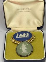 TWO SILVER WEDGWOOD BROOCHES ONE WITH DANCING LADY