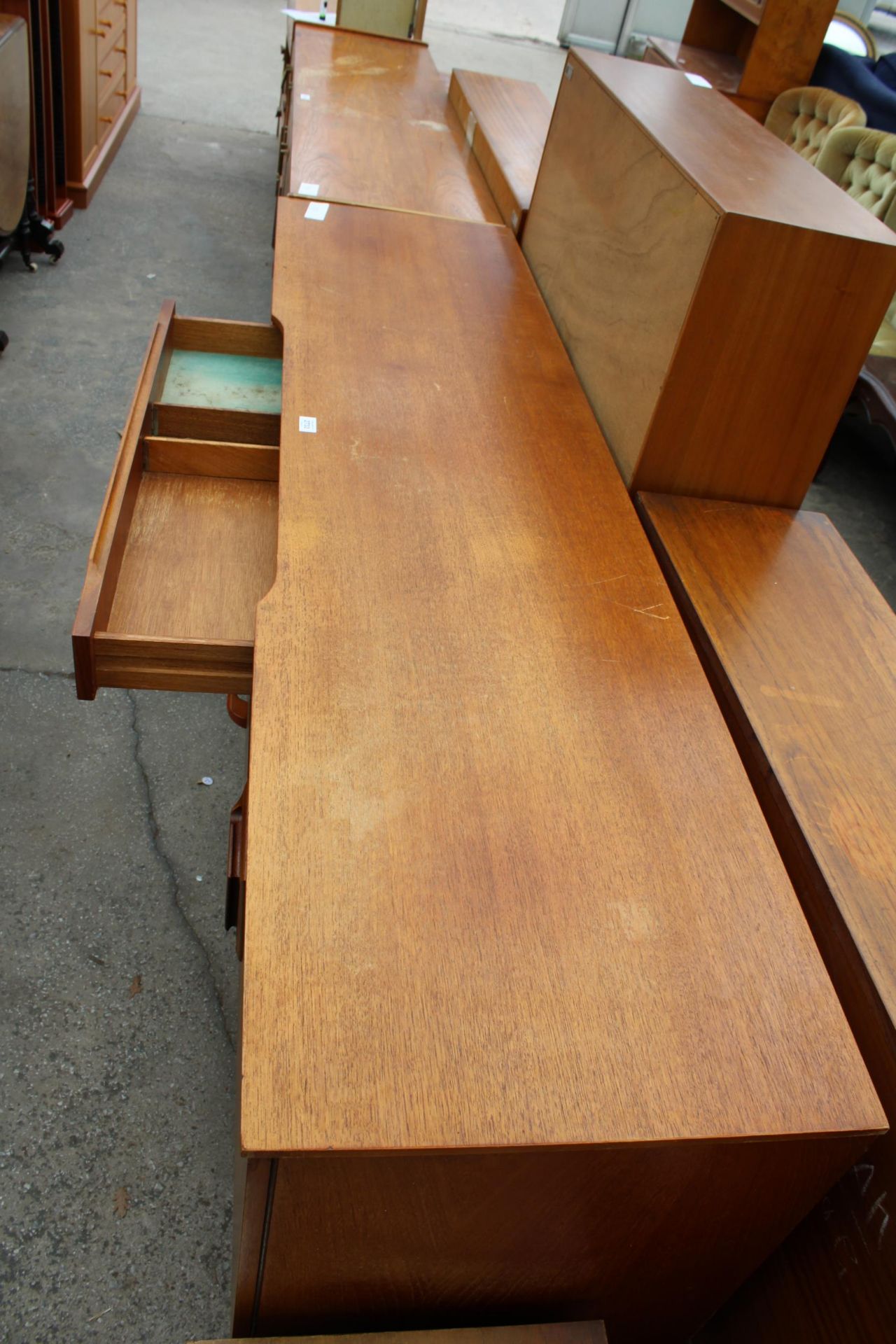 A TEAK BEAUTILITY SIDEBOARD ENCLOSING FOUR DRAERS AND TWO CUPBOARDS, 72" WIDE - Image 2 of 5