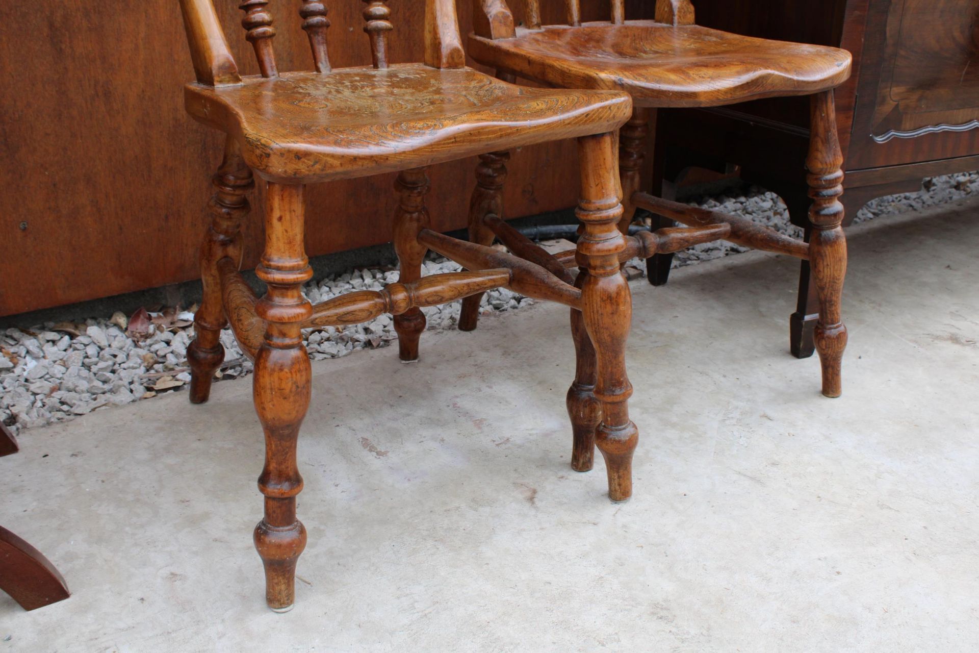 TWO VICTORIAN ELM KITCHEN CHAIRS WITH TURNED LEGS AND UPRIGHTS - Image 2 of 3