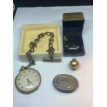 VARIOUS ITEMS TO INCLUDE A GOLD PLATED POCKET WATCH WITH CHAIN, A WHITE METAL POSSIBLY SILVER BROOCH